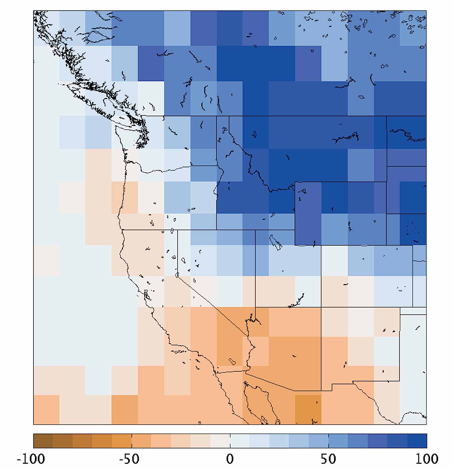 Projected percent change in the frequency of wet springs